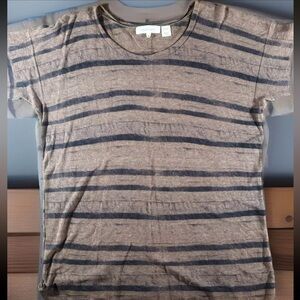 INHABIT Top Womens Small Brown Black Striped Sheer Slub Short Sleeve Blouse EUC
